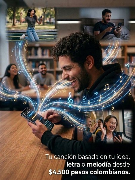 Crea tu canción desde el celular: alguien haciendo música feliz mientras las notas musicales llegan a otras personas emocionadas